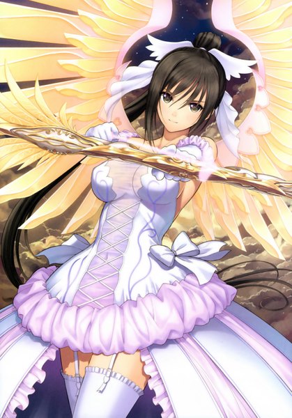 Anime picture 4342x6221 with shining (series) shining hearts maxima enfield tony taka single long hair tall image highres black hair absurdres ponytail black eyes scan girl thighhighs dress gloves bow weapon white thighhighs