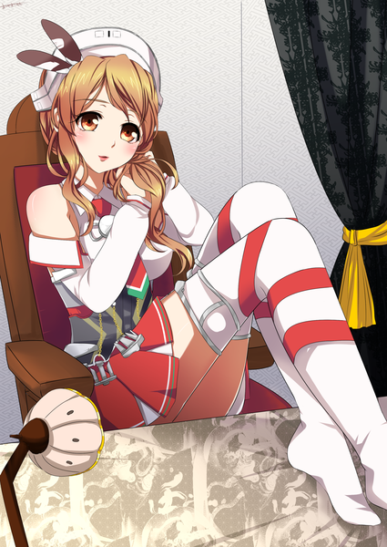 Anime picture 1505x2125 with kantai collection littorio (kantai collection) omoomomo single long hair tall image blush brown hair sitting brown eyes legs girl thighhighs striped thighhighs