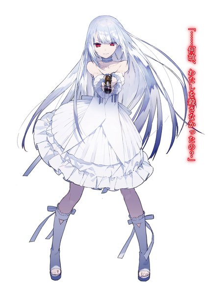 Anime picture 1135x1600 with date a live empty (date a live) noco (adamas) single long hair tall image looking at viewer fringe simple background red eyes standing white background bare shoulders holding silver hair full body text outstretched arm angry frown