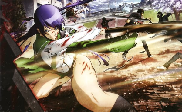 Anime picture 3564x2205 with highschool of the dead madhouse busujima saeko komuro takashi long hair highres short hair blue eyes light erotic black hair smile wide image absurdres purple hair torn clothes zombie girl boy underwear panties