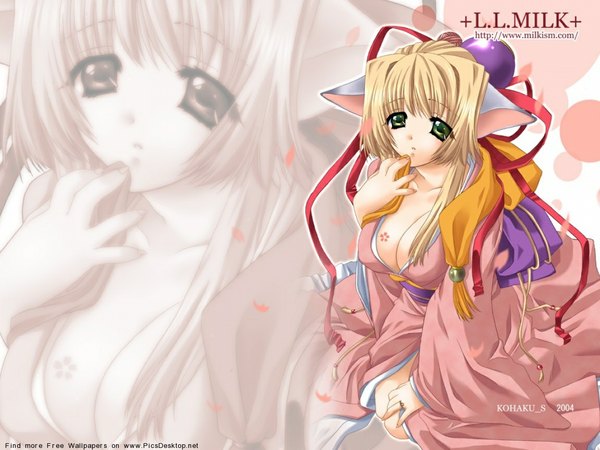 Anime picture 1152x864 with sumeragi kohaku single long hair breasts light erotic blonde hair large breasts green eyes animal ears cleavage japanese clothes zoom layer girl ribbon (ribbons) kimono