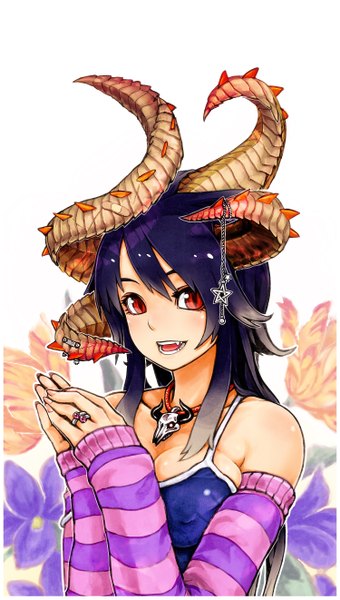 Anime picture 1500x2642 with yanmar (artist) single long hair tall image looking at viewer breasts open mouth simple background red eyes large breasts white background bare shoulders purple hair horn (horns) striped zodiac aries (zodiac) girl flower (flowers) choker