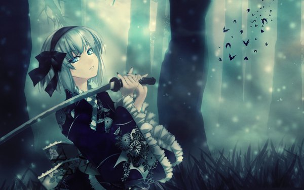 Anime picture 1920x1200 with touhou konpaku youmu rokuwata tomoe single looking at viewer highres short hair open mouth blue eyes wide image white hair japanese clothes grey hair wallpaper girl dress bow weapon plant (plants) hair bow