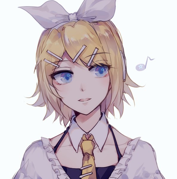 Anime picture 870x880 with vocaloid kagamine rin kurasaki ken single tall image short hair blue eyes simple background blonde hair looking away parted lips portrait girl bow hair bow necktie detached collar bobby pin musical note