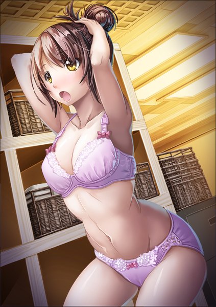 Anime picture 1000x1419 with original kumataka single tall image blush breasts open mouth light erotic brown hair yellow eyes underwear only girl navel underwear panties lingerie bra pink panties pink bra