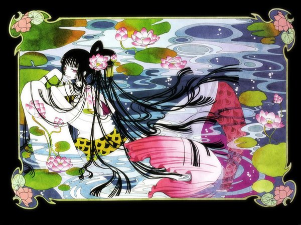 Anime picture 1024x768 with xxxholic clamp ichihara yuuko black hair smile purple eyes very long hair framed girl flower (flowers) water water lily lotus