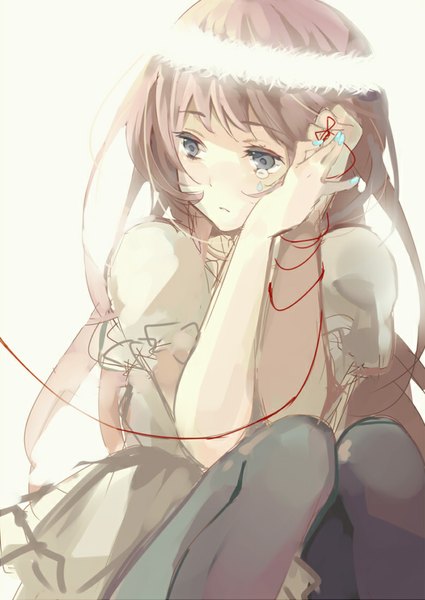 Anime picture 600x846 with vocaloid megurine luka ousaka nozomi single long hair tall image blue eyes simple background looking away pink hair nail polish crying girl dress ribbon (ribbons) white dress thread red thread