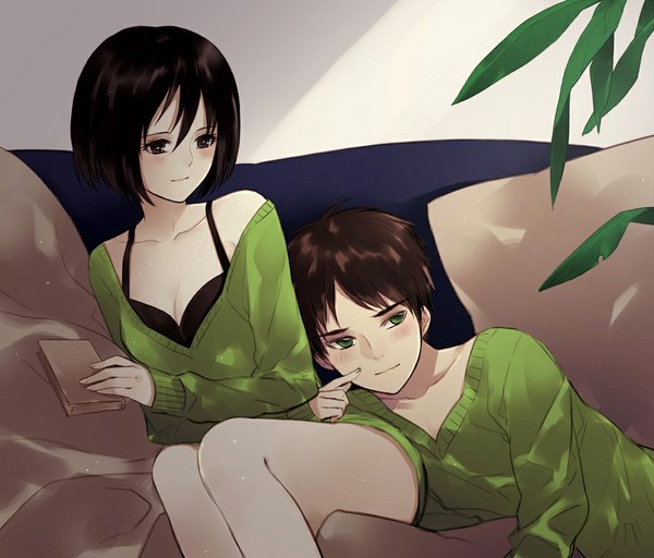 Anime picture 1053x900 with shingeki no kyojin production i.g mikasa ackerman eren yaeger yasai (getsu) blush short hair black hair bare shoulders green eyes black eyes couple girl boy sweater couch