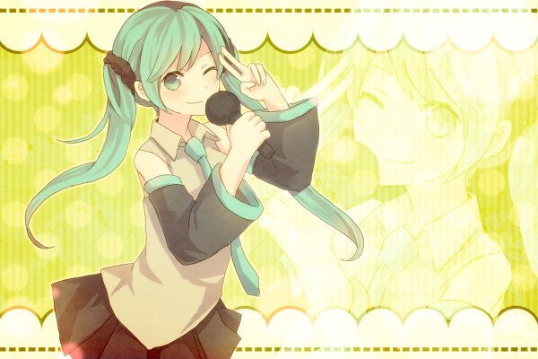 Anime picture 1200x800 with vocaloid hatsune miku single long hair smile twintails one eye closed aqua eyes wink aqua hair victory zoom layer girl skirt detached sleeves necktie microphone