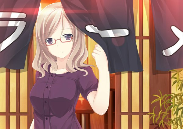 Anime picture 1000x707 with mizunashi kenichi looking at viewer short hair blonde hair purple eyes girl glasses