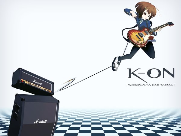 Anime picture 1600x1200 with k-on! kyoto animation marshall hirasawa yui r.s.r. single short hair brown hair brown eyes full body copyright name looking down checkered floor jumping floor girl uniform school uniform pantyhose black pantyhose