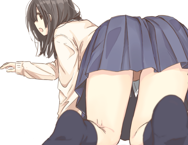 Anime picture 1000x772 with original matsuda hikari single long hair open mouth light erotic black hair simple background white background ass looking back pantyshot depth of field no shoes on all fours girl skirt underwear panties miniskirt