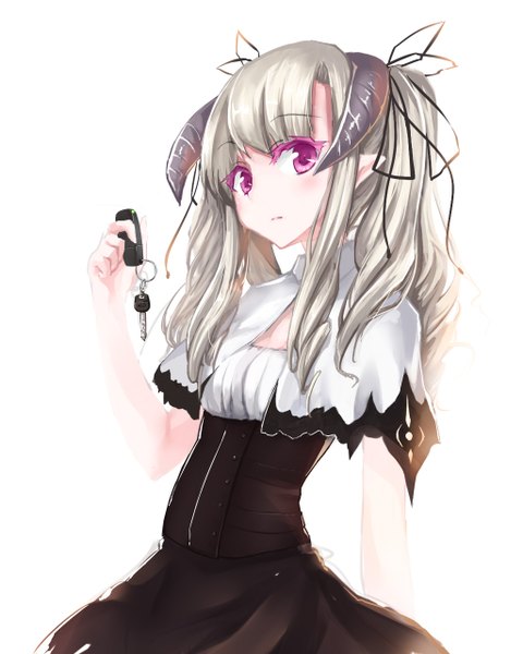 Anime picture 1024x1280 with original six_exit6 single long hair tall image looking at viewer simple background blonde hair standing white background twintails pink eyes horn (horns) pointy ears girl dress ribbon (ribbons) hair ribbon key