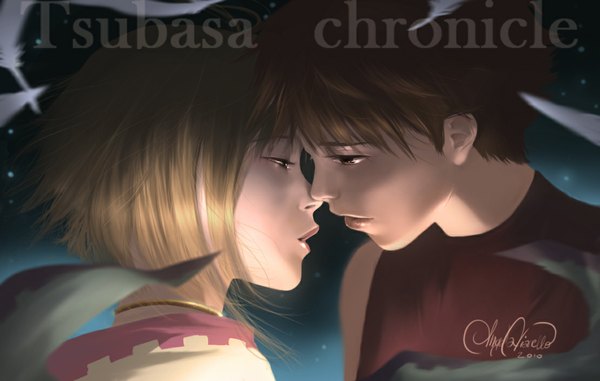Anime picture 1111x707 with tsubasa reservoir chronicle clamp sakura hime syaoran angela vianello short hair blonde hair brown hair brown eyes profile night sky couple dark background face to face almost kiss girl boy choker star (stars) feather (feathers)