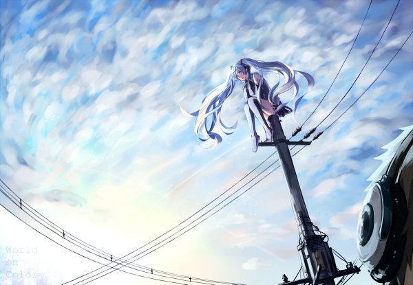 Anime picture 1200x831 with vocaloid hatsune miku kaname (cherry0732) long hair blue eyes sitting twintails blue hair sky cloud (clouds) light smile hands on face girl skirt detached sleeves headphones thigh boots wire (wires)