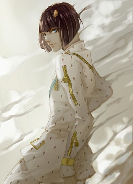Anime picture 608x840 with jojo no kimyou na bouken bruno buccellati canto single tall image looking at viewer fringe short hair blue eyes black hair light smile hand on hip steam boy hair ornament