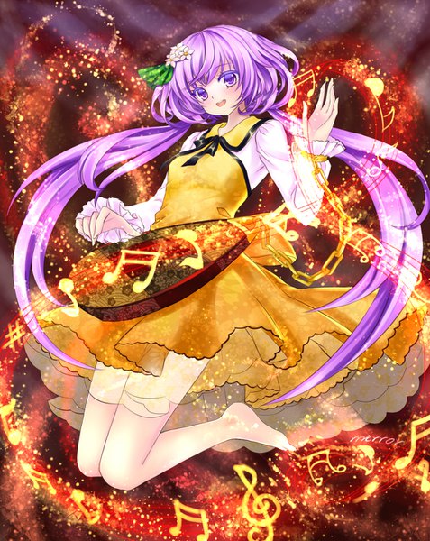 Anime picture 1132x1424 with touhou tsukumo benben mirror (xilu4) single long hair tall image fringe open mouth purple eyes twintails purple hair full body barefoot low twintails jumping girl dress musical instrument musical note lute (instrument)