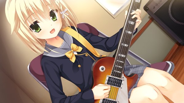 Anime picture 1280x720 with sanoba witch yuzusoft kariya wakana kobuichi single blush fringe short hair open mouth blonde hair smile wide image green eyes game cg braid (braids) loli dutch angle side braid singing girl