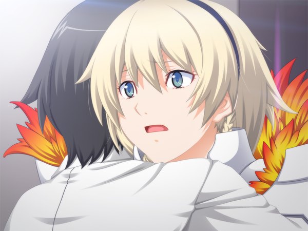 Anime picture 1024x768 with kansen5 (game) short hair open mouth blonde hair green eyes game cg girl