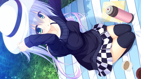 Anime picture 1920x1080 with world election whirlpool (studio) kururu (world election) single long hair looking at viewer highres breasts blue eyes wide image twintails game cg white hair girl thighhighs skirt black thighhighs hat sweater