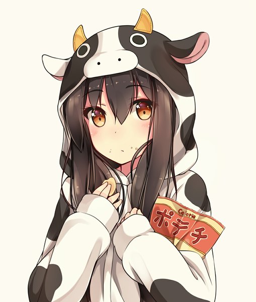 Anime picture 1000x1178 with kantai collection akagi aircraft carrier hiiragi hajime single long hair tall image looking at viewer blush black hair simple background brown eyes horn (horns) close-up cow girl girl food chips
