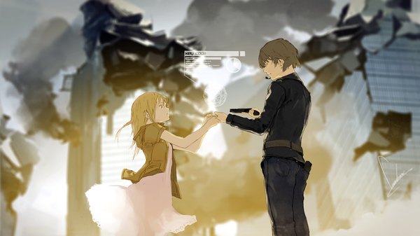 Anime picture 1920x1080 with original loundraw long hair highres short hair blonde hair brown hair wide image brown eyes signed depth of field wallpaper ruins girl dress boy weapon jacket white dress gun