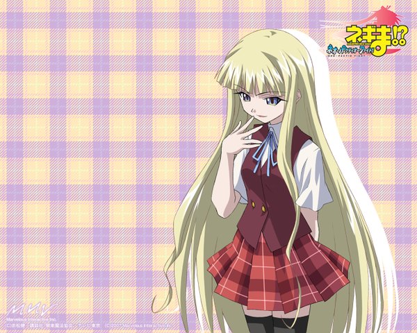 Anime picture 1280x1024 with mahou sensei negima! evangeline a k mcdowell single open mouth blue eyes blonde hair very long hair light smile inscription finger to mouth girl thighhighs uniform black thighhighs school uniform