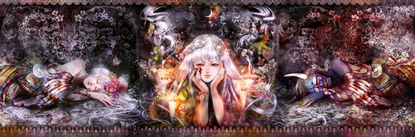 Anime picture 2520x839 with yuu (arcadia) highres red eyes wide image silver hair braid (braids) eyes closed horn (horns) framed detailed girl hair ornament flower (flowers) moon mask