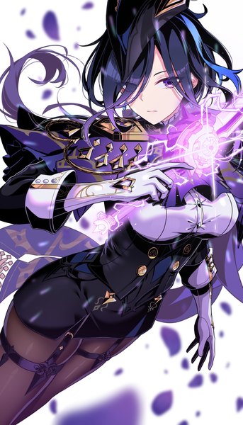 Anime picture 1549x2707 with genshin impact clorinde (genshin impact) yuito (yuitokobunasbs0) single long hair tall image fringe black hair simple background standing white background purple eyes holding looking away multicolored hair hair over one eye streaked hair double buttons electricity girl
