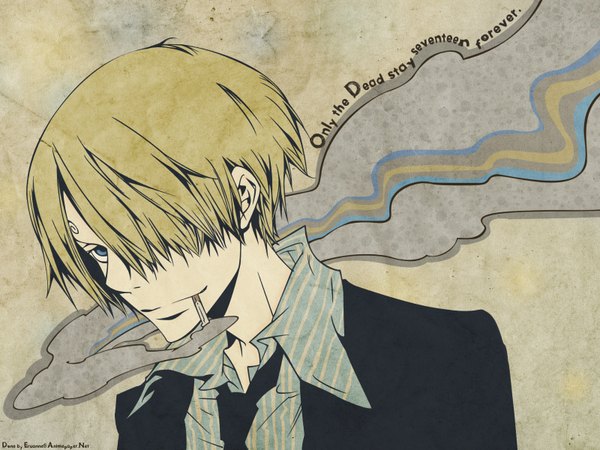 Anime picture 1600x1200 with one piece toei animation sanji amano akira single looking at viewer fringe short hair blue eyes blonde hair smile hair over one eye inscription wallpaper smoke smoking boy necktie suit cigarette