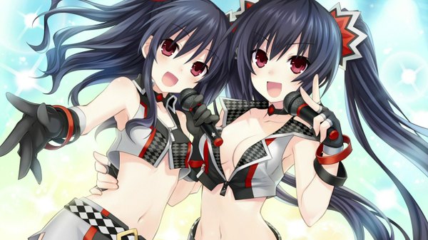 Anime picture 1280x720 with choujigen game neptune kami jigen game neptune v noire uni (choujigen game neptune) tsunako long hair looking at viewer blush highres open mouth light erotic black hair red eyes wide image twintails bare shoulders multiple girls game cg cleavage official art