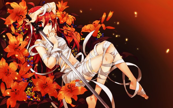 Anime picture 4800x3000 with shakugan no shana j.c. staff shana wentirtongmo single long hair looking at viewer highres light erotic red eyes absurdres ahoge red hair barefoot partial nude weightlessness naked bandage girl navel flower (flowers)