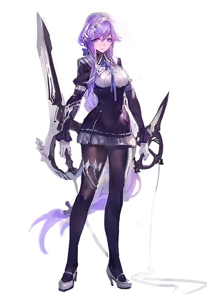 Anime picture 760x1080 with original pixiv fantasia pixiv fantasia t aina firuto (kishiyo) kishiyo single tall image looking at viewer fringe simple background standing white background purple eyes holding purple hair tail very long hair midriff high heels revision