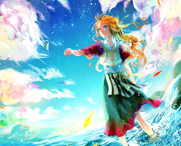 Anime picture 1000x812 with original g.g.lemon single long hair blue eyes blonde hair sky cloud (clouds) wind outstretched arm girl dress skirt bow water leaf (leaves)