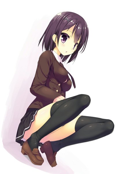 Anime picture 768x1024 with original ochinsama tall image short hair open mouth light erotic black hair white background purple eyes girl thighhighs skirt black thighhighs shoes