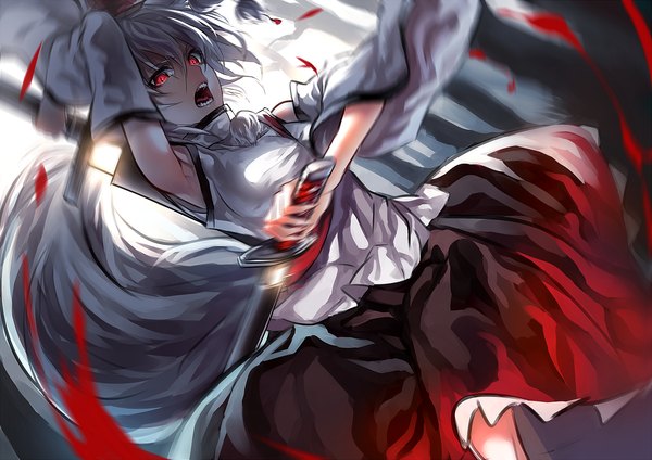 Anime picture 2000x1414 with touhou inubashiri momiji uu uu zan single looking at viewer highres short hair open mouth red eyes silver hair tail animal tail wolf tail screaming girl weapon detached sleeves sword katana blood