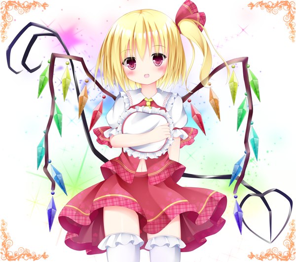 Anime picture 1261x1115 with touhou flandre scarlet maccha single looking at viewer blush short hair open mouth blonde hair red eyes girl thighhighs dress white thighhighs wings crystal