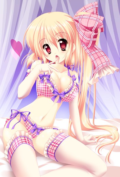 Anime picture 812x1200 with touhou flandre scarlet kamiya tomoe long hair tall image blush short hair open mouth light erotic blonde hair red eyes midriff underwear only finger to mouth girl thighhighs gloves underwear panties bow