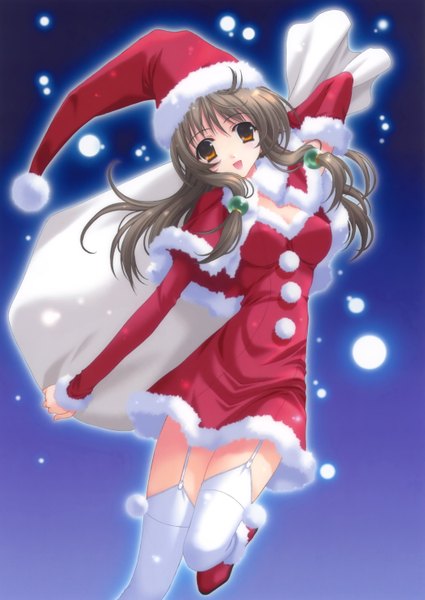 Anime picture 2087x2949 with tall image highres open mouth brown hair yellow eyes night fur trim snowing christmas girl thighhighs white thighhighs fur santa claus hat santa claus costume