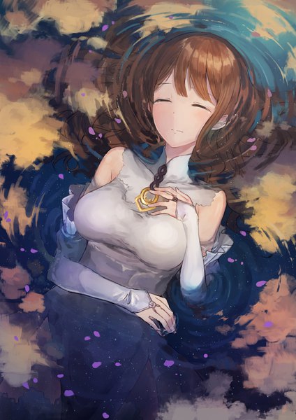 Anime picture 1240x1754 with original kobuta single long hair tall image blush fringe breasts brown hair large breasts bare shoulders lying blunt bangs eyes closed partially submerged hand on chest reflection wet clothes afloat girl