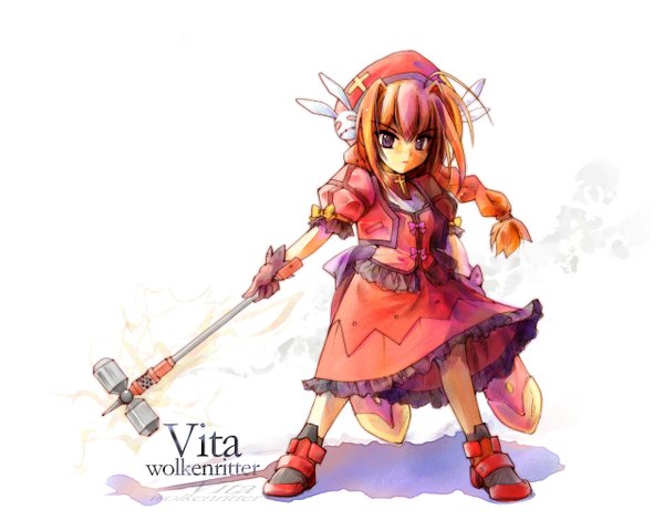 Anime picture 1280x1024 with mahou shoujo lyrical nanoha vita graf eisen main single long hair simple background brown hair standing white background purple eyes full body ahoge braid (braids) wind short sleeves puffy sleeves character names twin braids serious