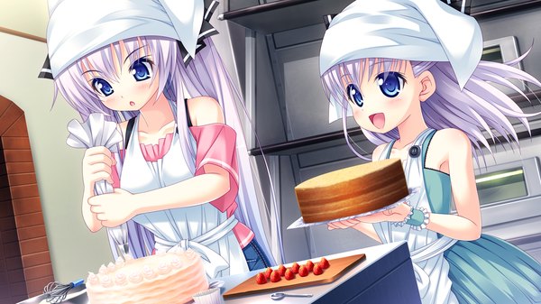 Anime picture 1280x720 with santaful summer long hair blush open mouth blue eyes wide image bare shoulders multiple girls game cg white hair loli cooking girl 2 girls sweets apron cake