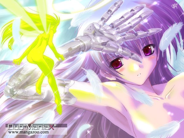 Anime picture 1600x1200 with komatsu eiji long hair looking at viewer blush light erotic purple eyes purple hair nude wallpaper fantasy fairy mechanical parts girl wings feather (feathers)