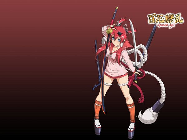 Anime picture 1024x768 with hyakka ryouran samurai girls arms corporation yagyuu juubei (hyakka ryouran) single long hair blue eyes simple background red hair girl weapon sword katana rope