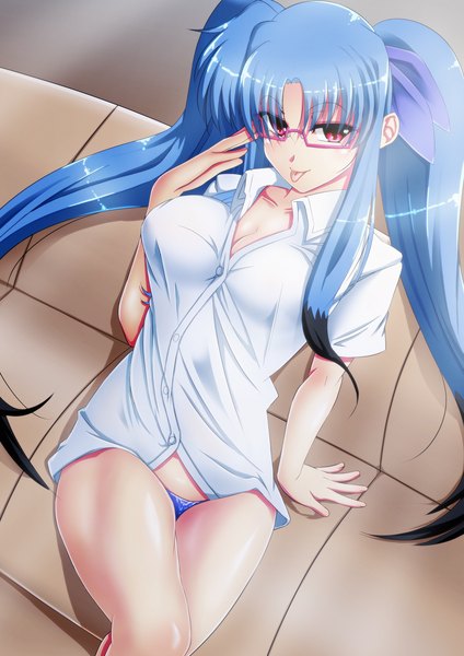 Anime picture 1810x2560 with mahou shoujo lyrical nanoha material-l tappa (esperanza) single long hair tall image highres light erotic red eyes twintails blue hair pantyshot naked shirt girl underwear panties shirt glasses tongue