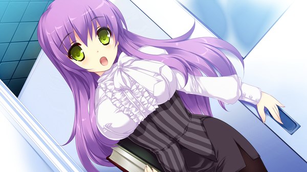 Anime picture 1280x720 with blades heart (game) long hair open mouth wide image green eyes game cg purple hair girl