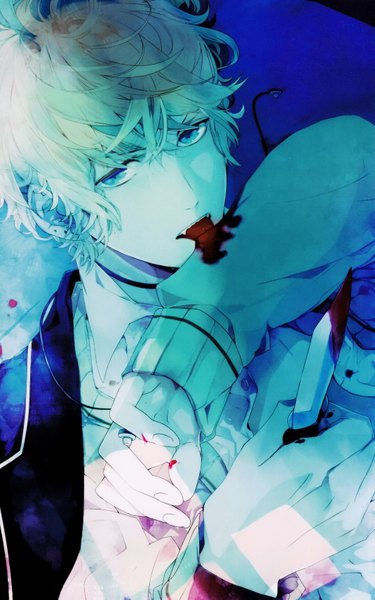 Anime picture 1069x1709 with diabolik lovers idea factory sakamaki shuu single tall image looking at viewer short hair blue eyes blonde hair vampire boy glasses blood sweater knife