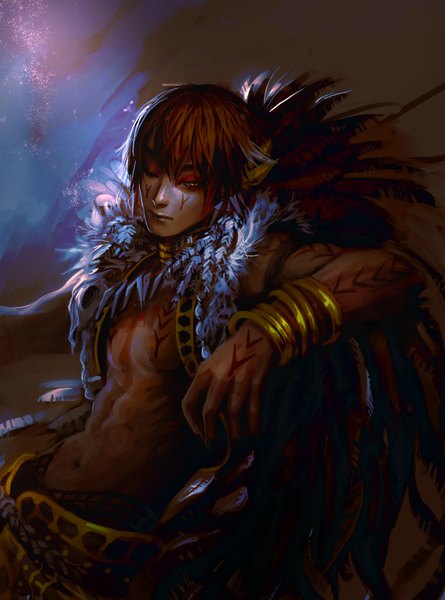 Anime picture 2480x3341 with genki-de single tall image highres short hair brown hair yellow eyes one eye closed wink tattoo muscle boy navel bracelet belt fur