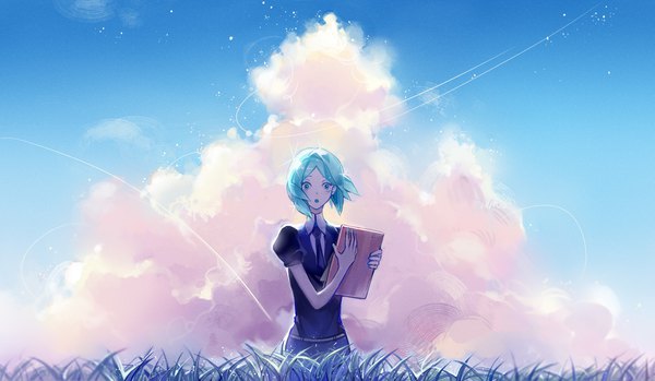 Anime picture 1856x1080 with houseki no kuni phosphophyllite longyu single looking at viewer highres short hair open mouth wide image holding sky cloud (clouds) aqua eyes wind aqua hair puffy sleeves androgynous uniform plant (plants) necktie