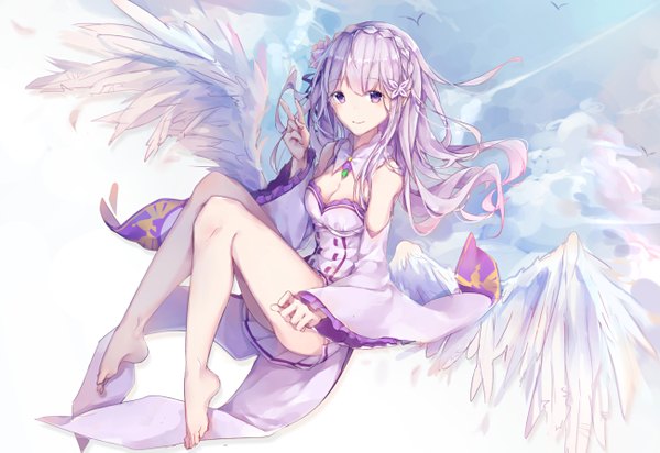 Anime picture 1300x894 with re:zero kara hajimeru isekai seikatsu white fox emilia (re:zero) pino ko single long hair looking at viewer fringe light erotic smile purple eyes bare shoulders sky cleavage silver hair cloud (clouds) full body bent knee (knees) braid (braids) pleated skirt